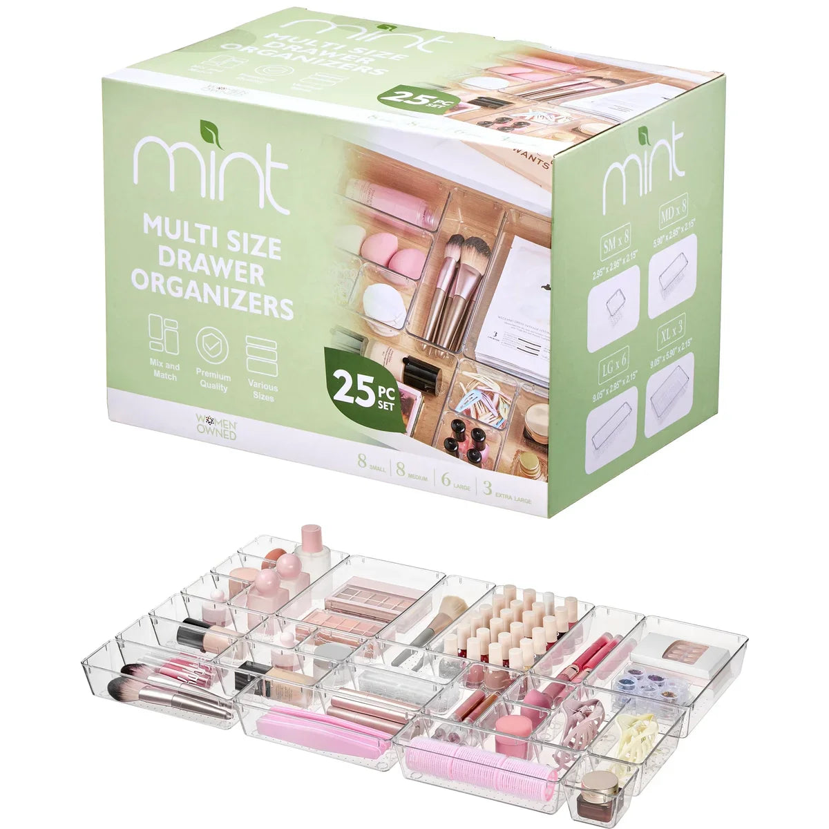 25 Piece Clear Plastic Drawer Organizers Set, 4 Sizes Clear Drawer Organizers & storage Bins for Makeup/Jewelry Vanity, Kitchen Gadgets Or Office Desk. Bathroom Drawer Organizer Trays