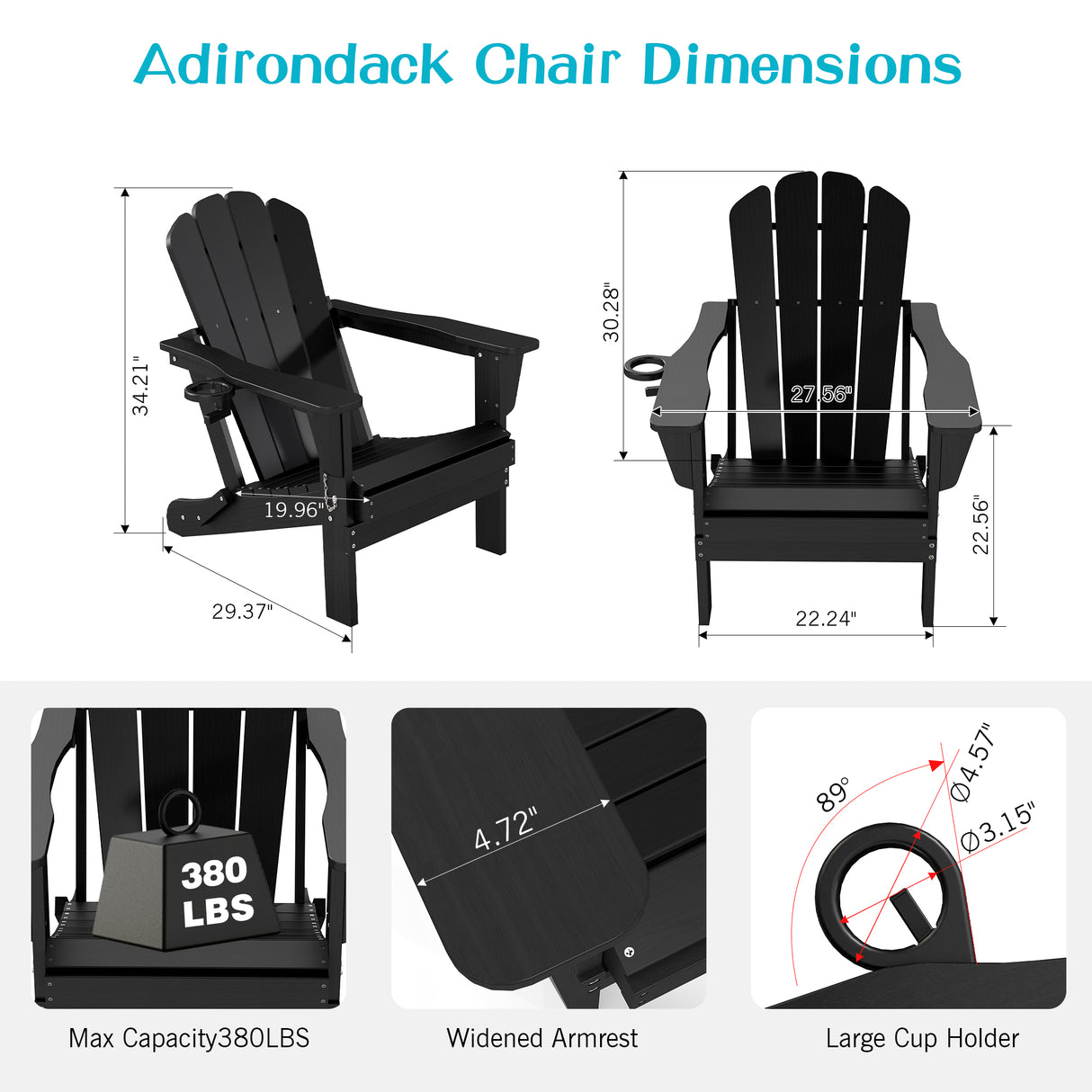 Adirondack Chairs Set of 2, Plastic HDPE Folding Outdoor Chairs with Cup Holder