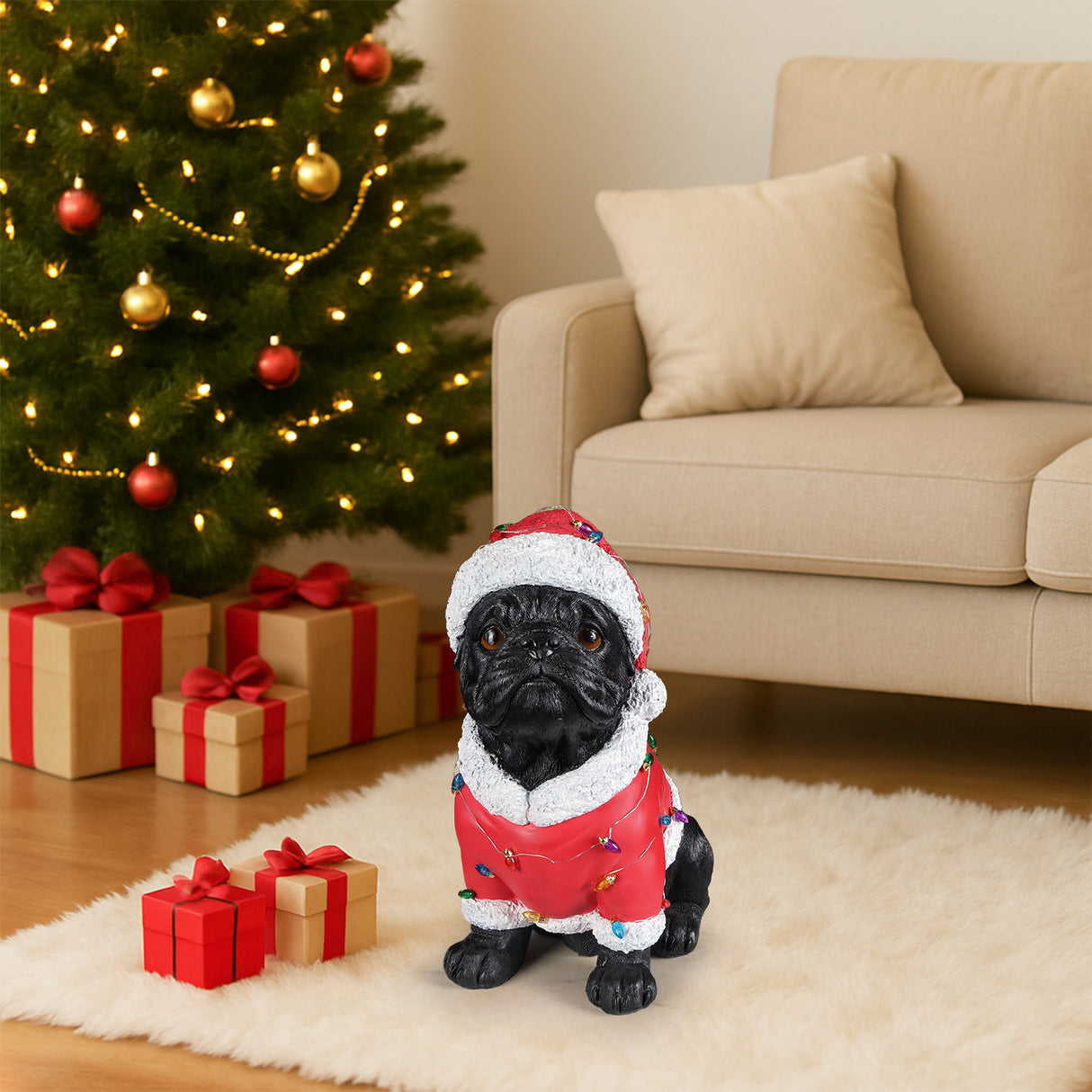 Christmas Pug Statue - Holiday Dog Figurine