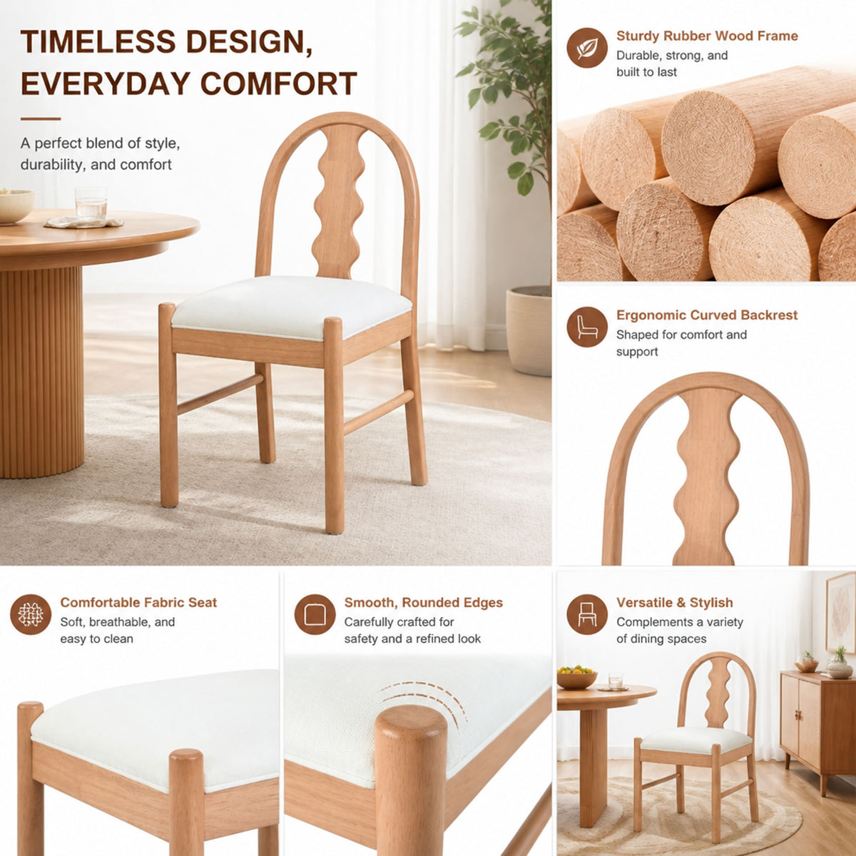 7-Piece Dining Table Set, 70" Solid Rubber Wood Dining Table with 6 Wave Back Dining Chairs