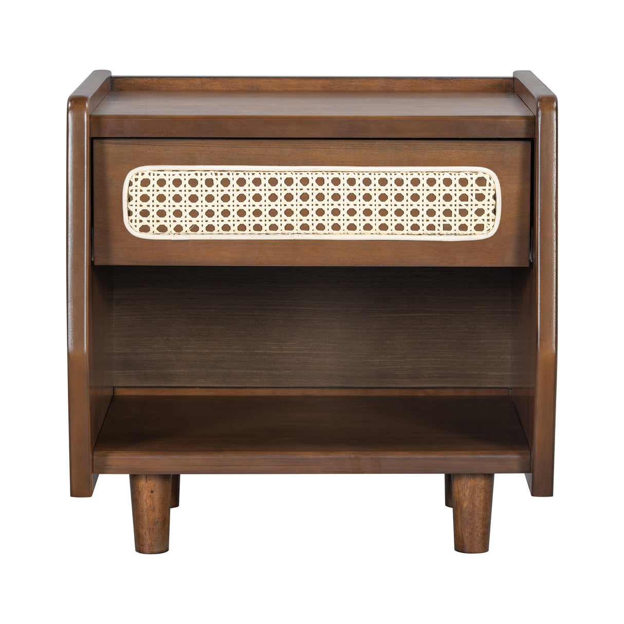 Walnut Nightstand with Rattan Detail, MDF + Solid Wood