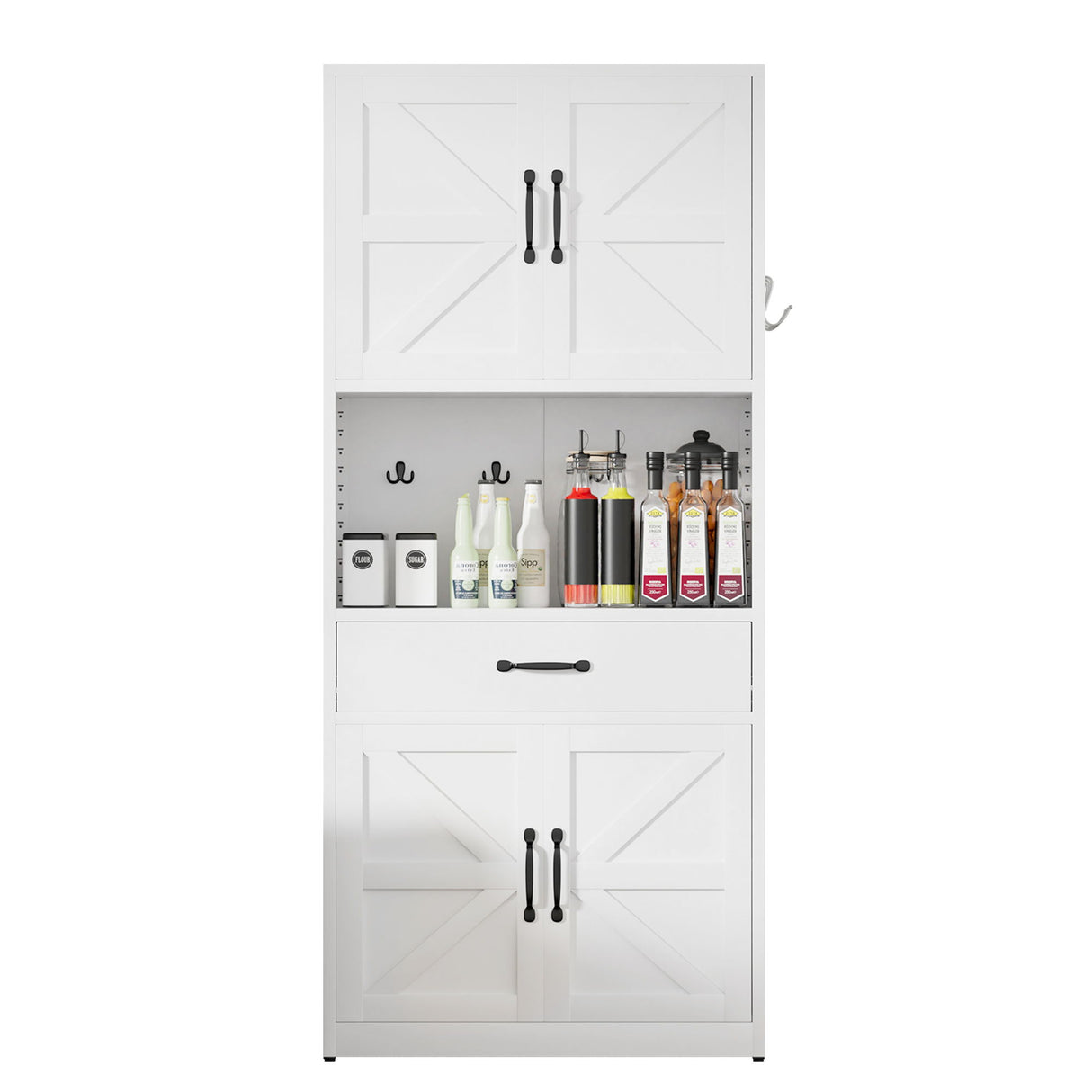 Kitchen Pantry Cabinet With Adjustable Shelves, Drawers, Hooks And Large Countertop - White