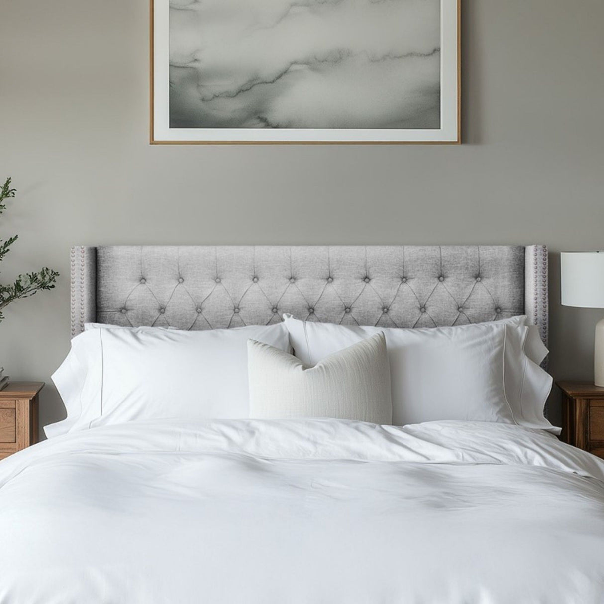 Transitional Upholstery Headboard With Tufted Buttons And Nailhead Trim