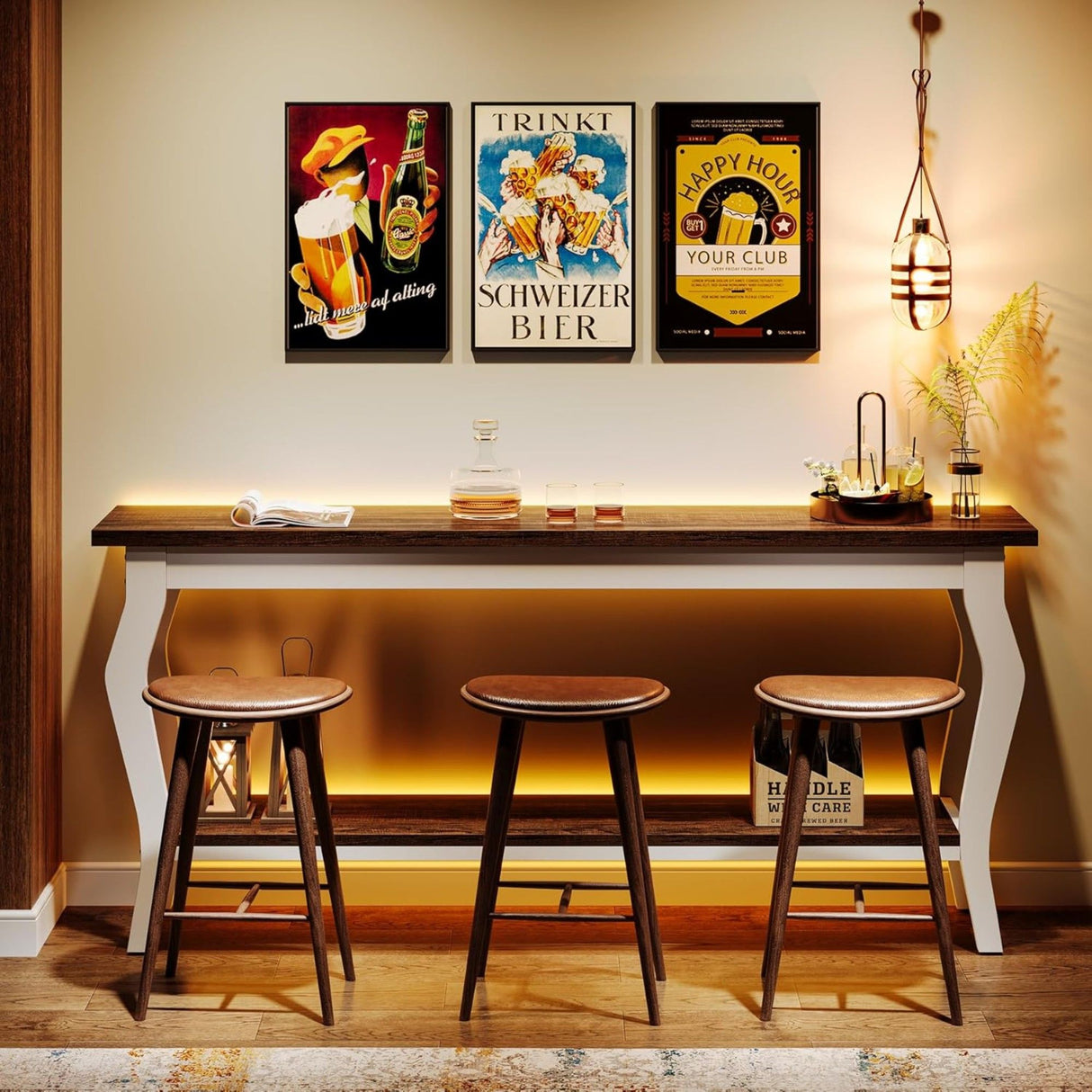 Console Table With Design, Extra Long Sofa Table For Living Entryway - Brown / White