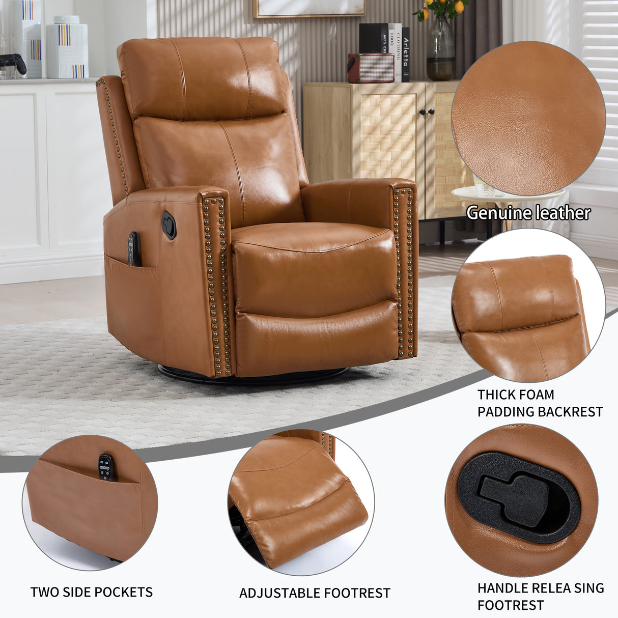 Orange Genuine Leather Heat Massage Manual Recliner Chair