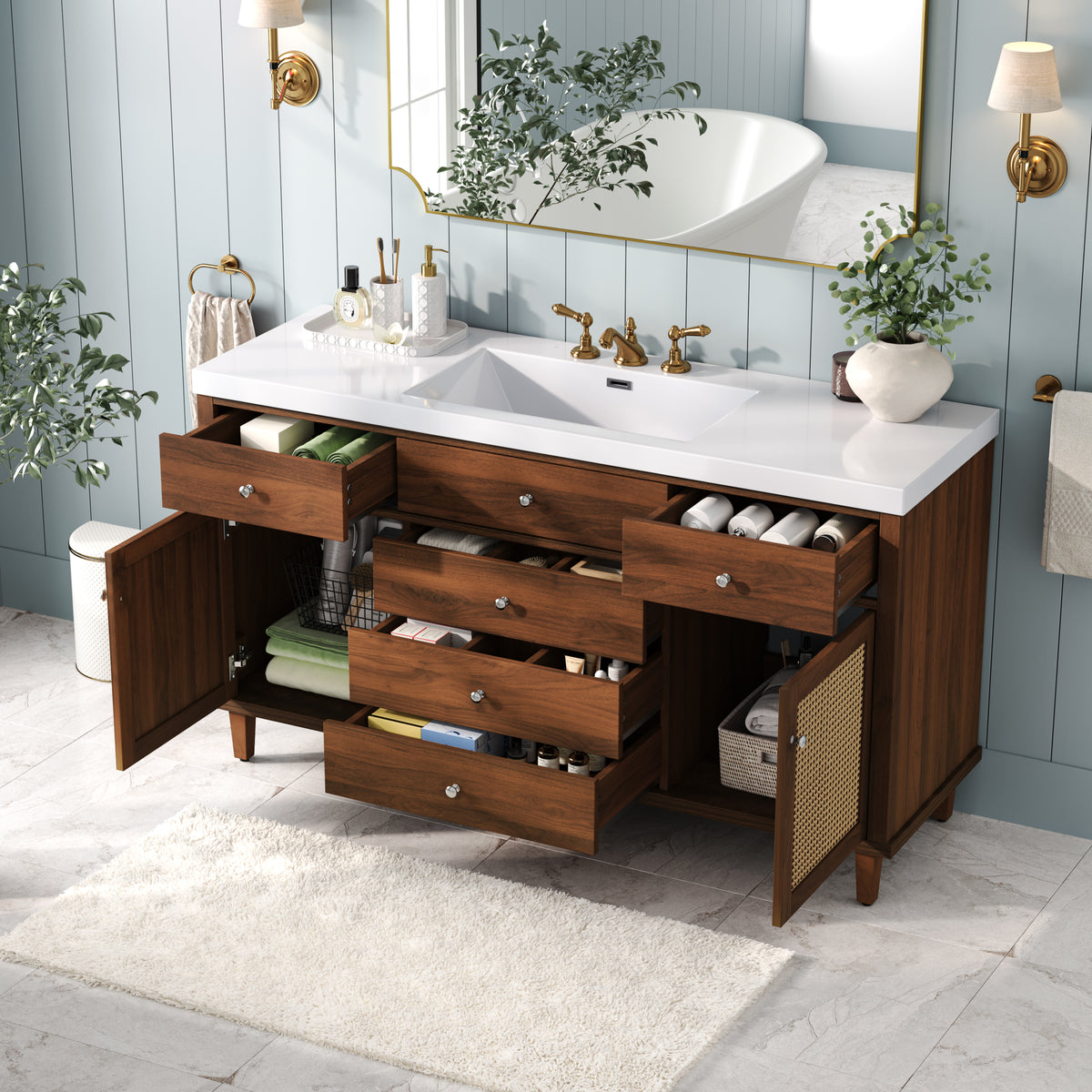 60-Inch Bathroom Vanity with SMC Sink, Brown Solid Wood and MDF, Soft-Close Drawers