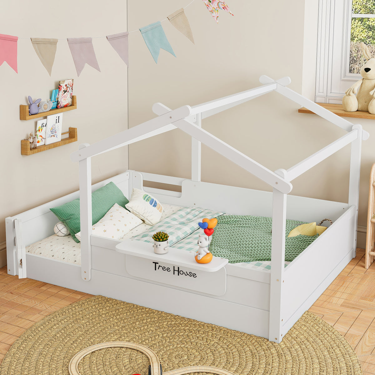 Full Size Floor Bed with Guardrails and Roof