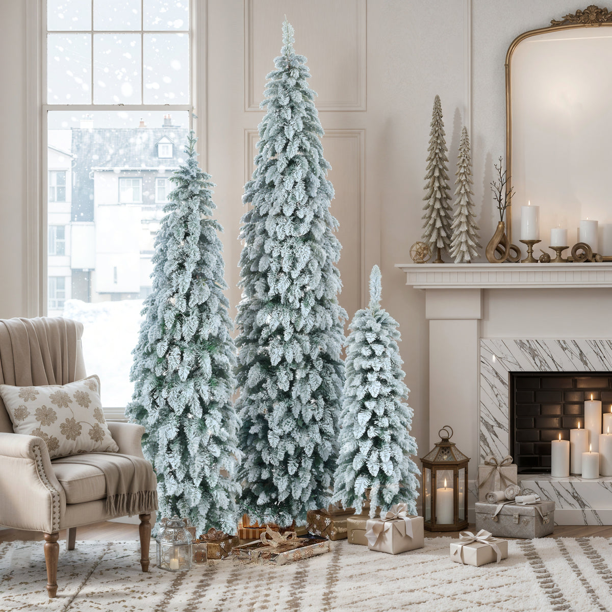 Pre-Lit Pencil Christmas Tree 3-Set, 4ft/6ft/8ft, Snow-Flocked, 290 LED Lights, White and Green