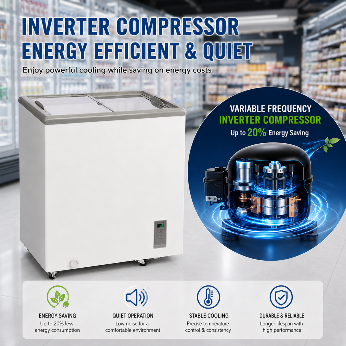 7.0 Cu.Ft Commercial Display Chest Freezer Inverter Energy Saving Ice