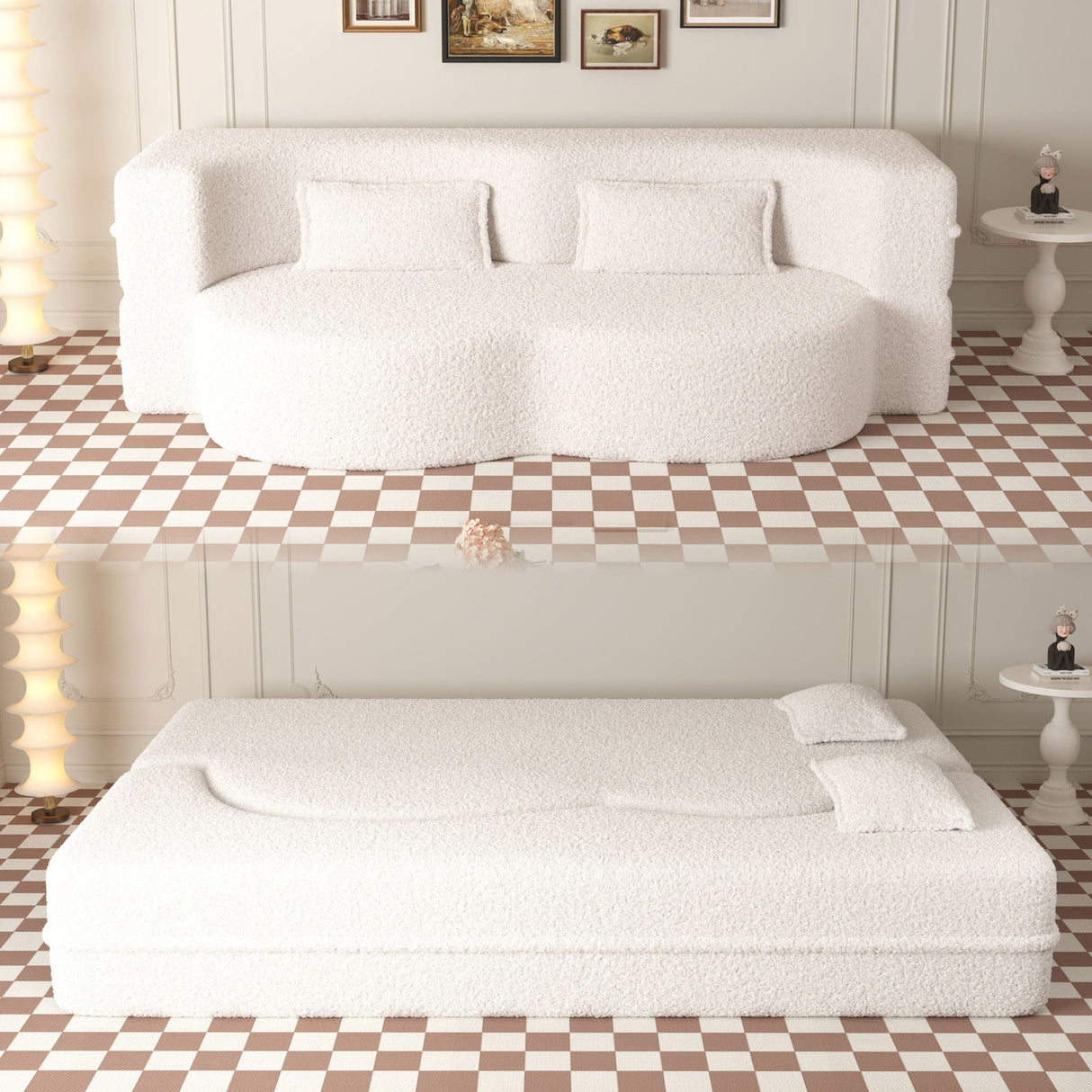Modern Floor Sofa With 2 Pillows Convertible Teddy Fabric Foam Filled Bed