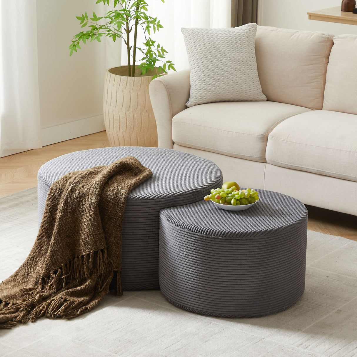Modern Upholstered Round Coffee Table For Living Room (Set of 2)