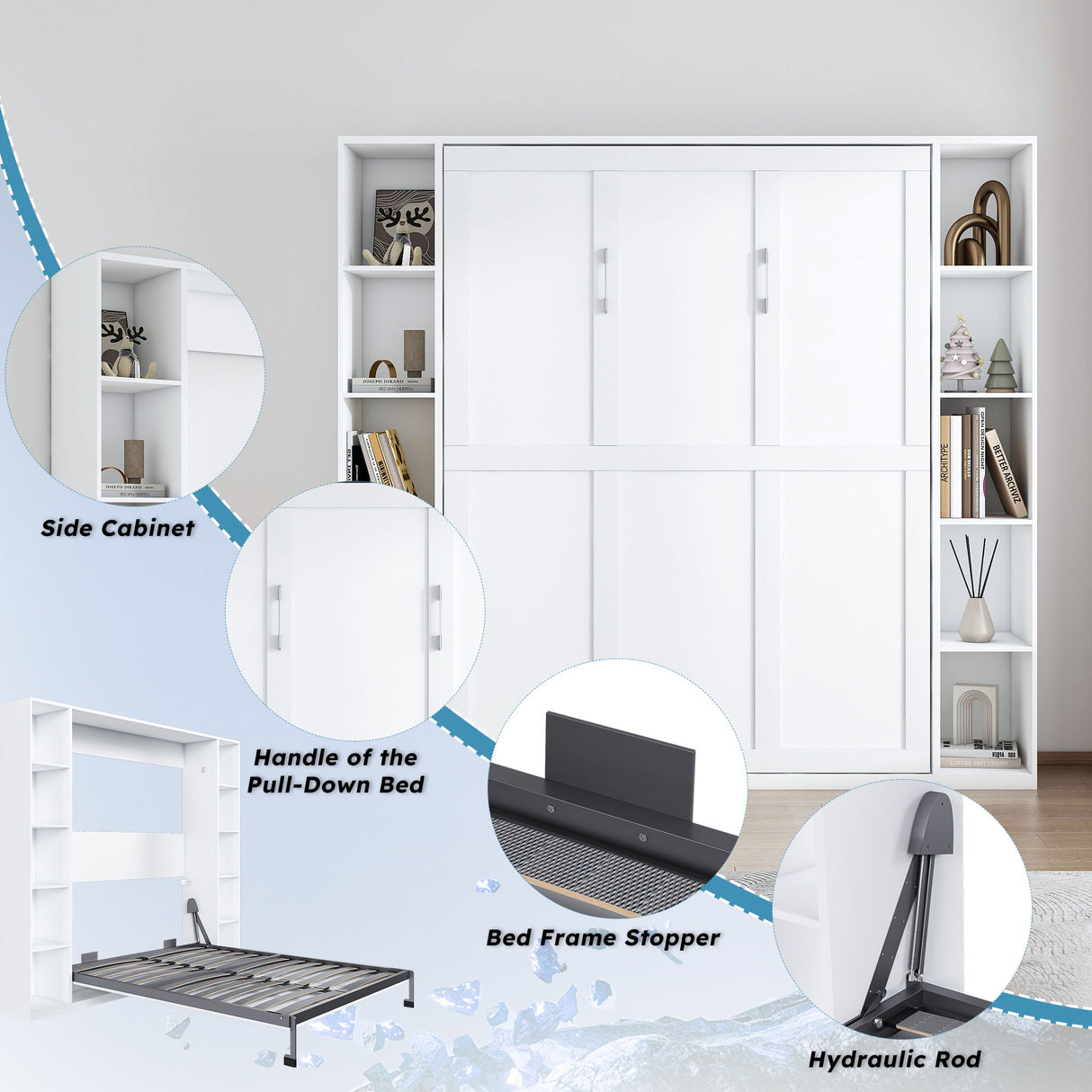 Queen Murphy Bed With Storage Cabinet, Foldable Wall Bed For Bedrooms - White