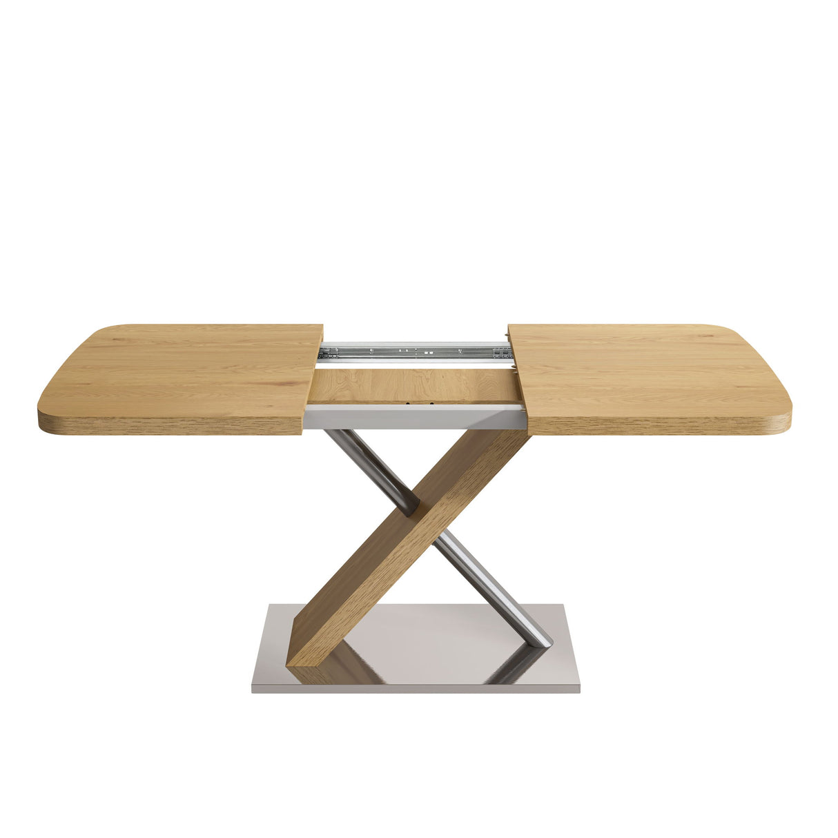Retractable Square Dining Table, Seating 4 - 6 People, Cross Base With Stainless Steel Tubing, Expandable - Natural