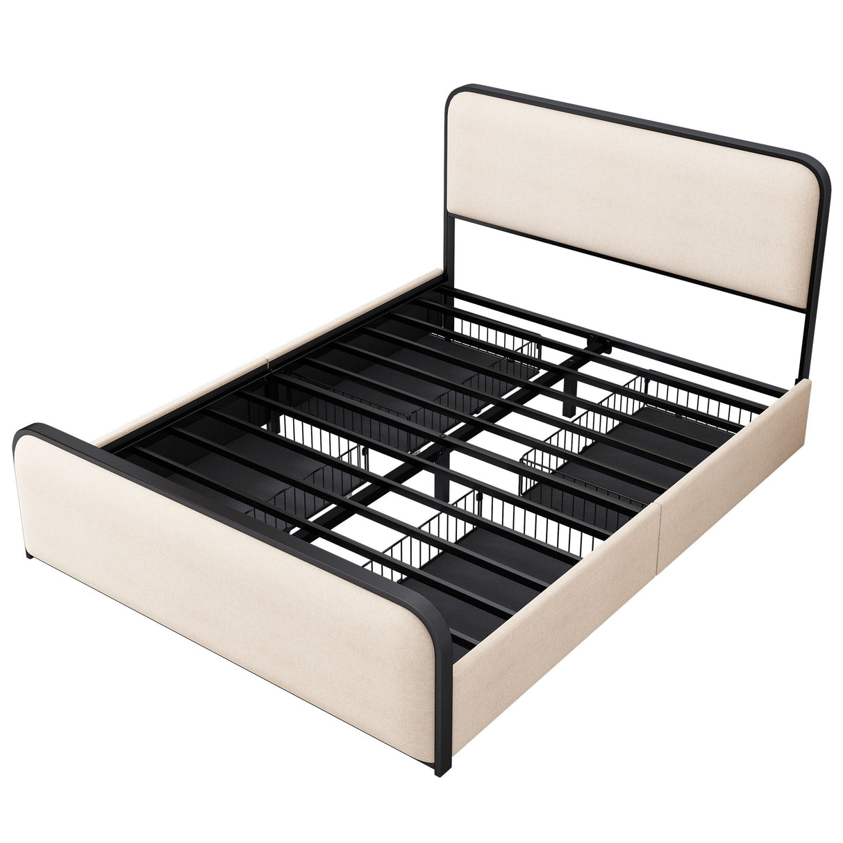 Modern Bed With Curved Upholstered Headboard And Footboard, Heavy Duty Metal Slats