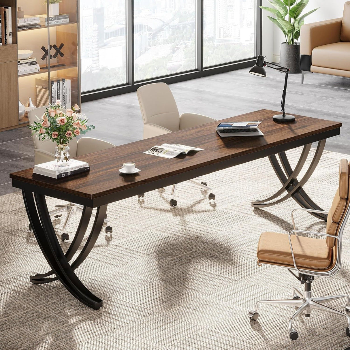 2 Person Desk With X Legs, Extra Long Office Workstation - Brown / Black