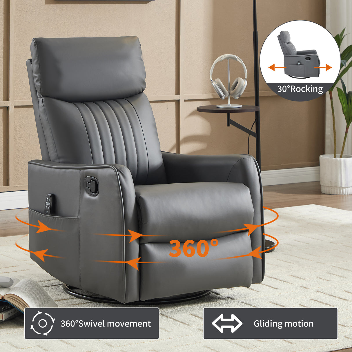 Grey Faux Leather Heat Massage Manual Recliner Chair with Rocker and Swivel