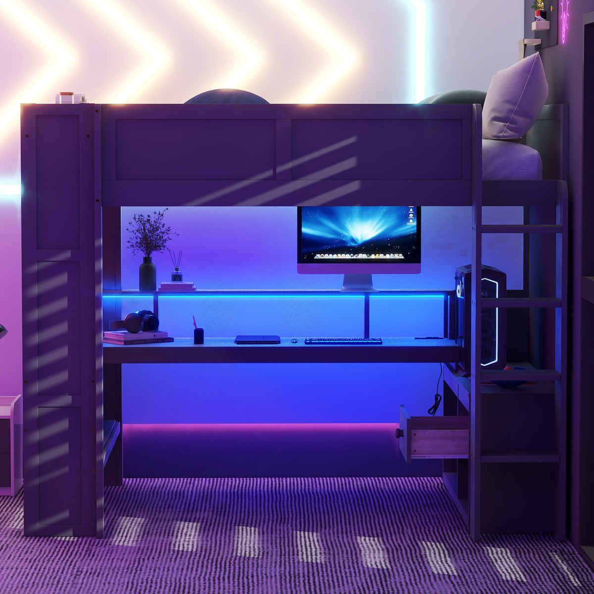 Wood Full Size Gaming Loft Bed with Desk, Multi-storage Shelves, LED and Charging Station