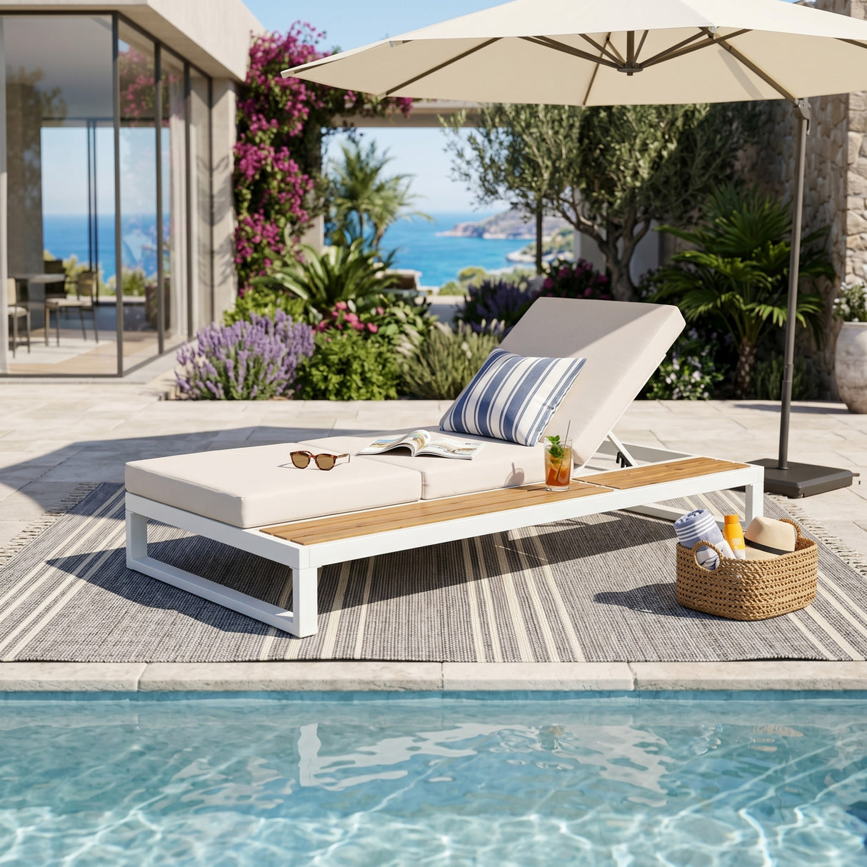 White Iron & Teak Finish Chaise Lounge Set