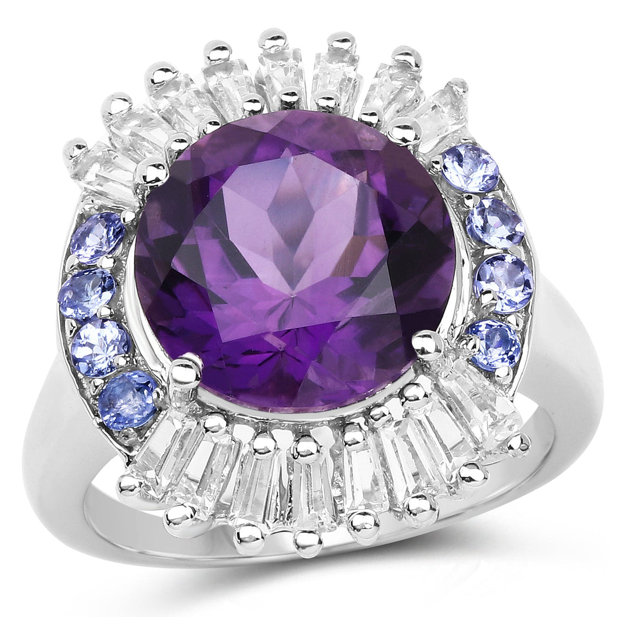 5.24 Carat Genuine Amethyst, Tanzanite & White Topaz .925 Sterling Silver Ring