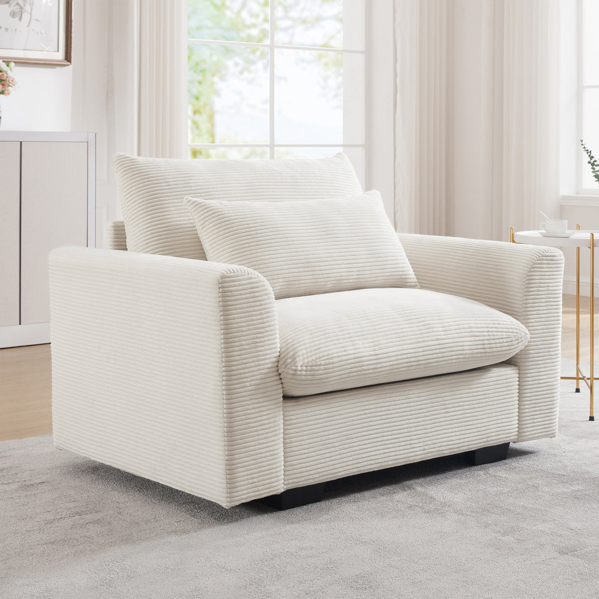 Beige Corduroy Deep Seat Single Sofa Accent Chair