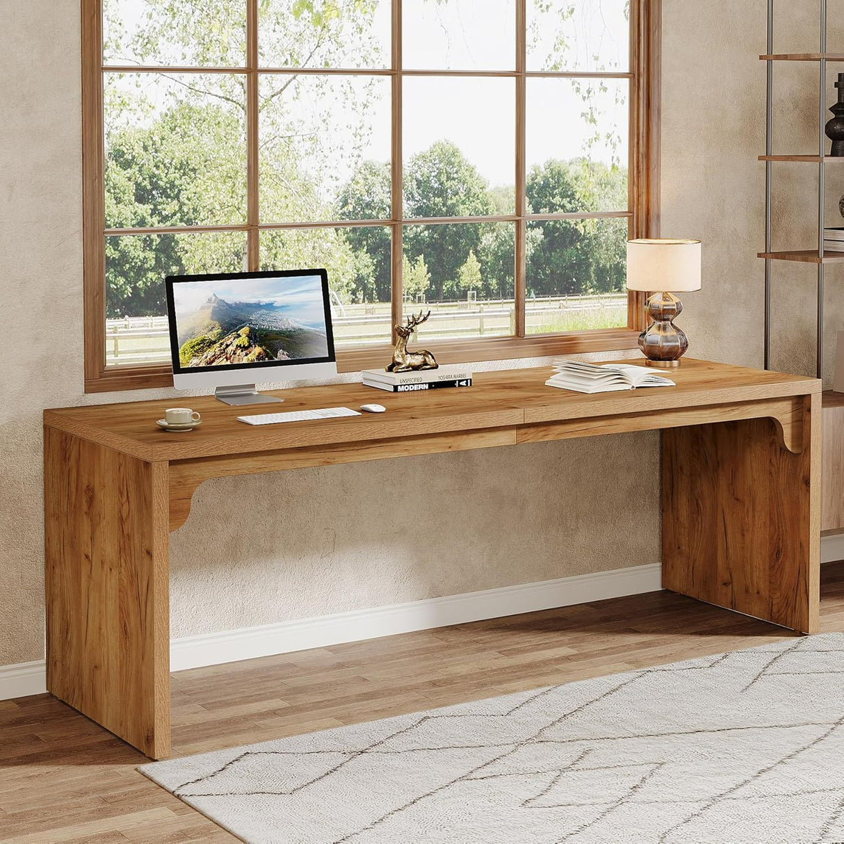 Extra Long 2 Person Computer Desk, Large Workstation - Brown