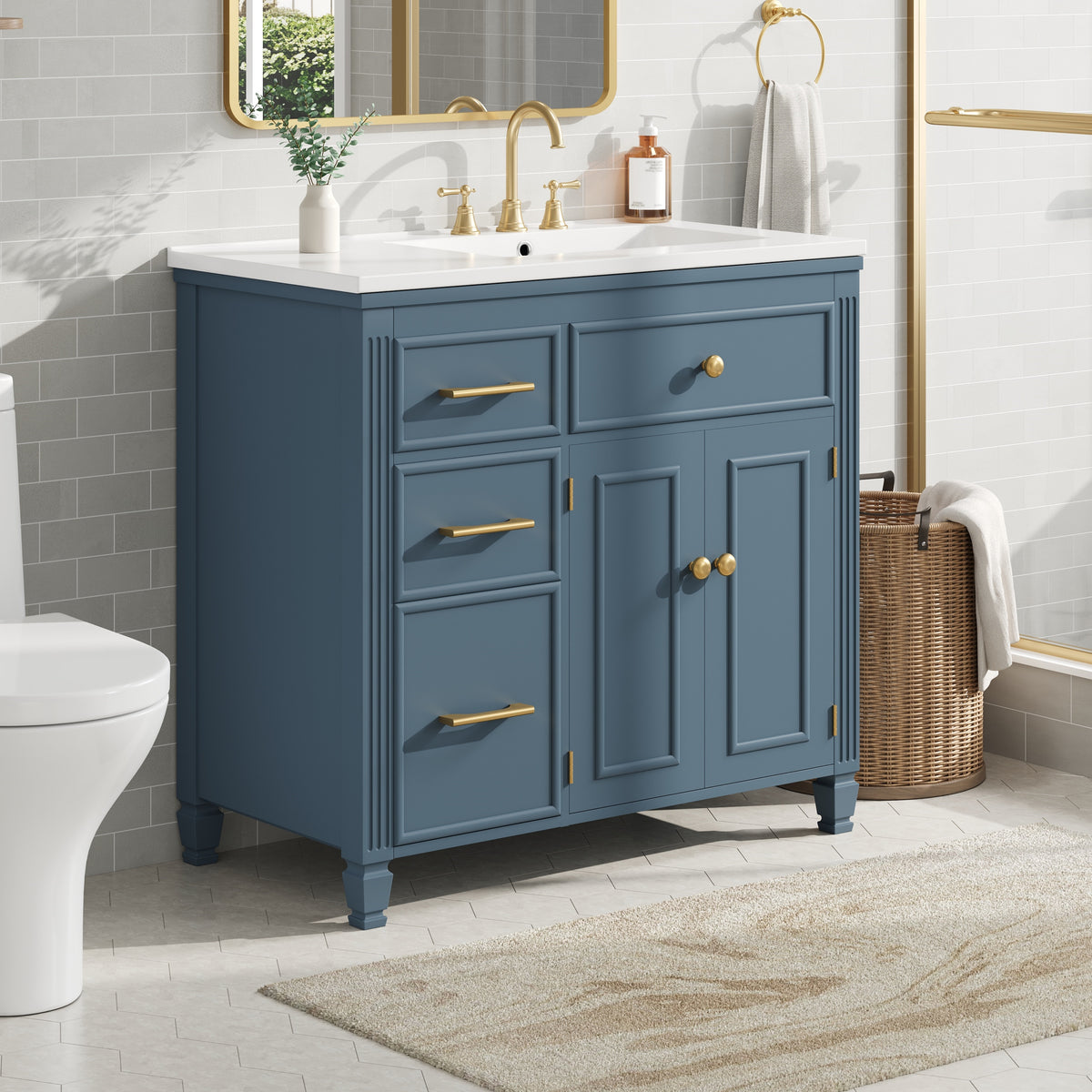 36" Bathroom Vanity with Sink, Ceramic Sink, One Tip-out Drawer, 3 Side Drawers, Adjustable Shelf