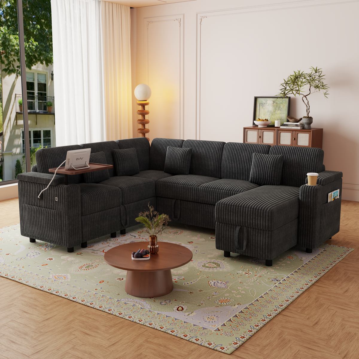 100-Inch Pull-Out Sofa with USB Ports and Cup Holder