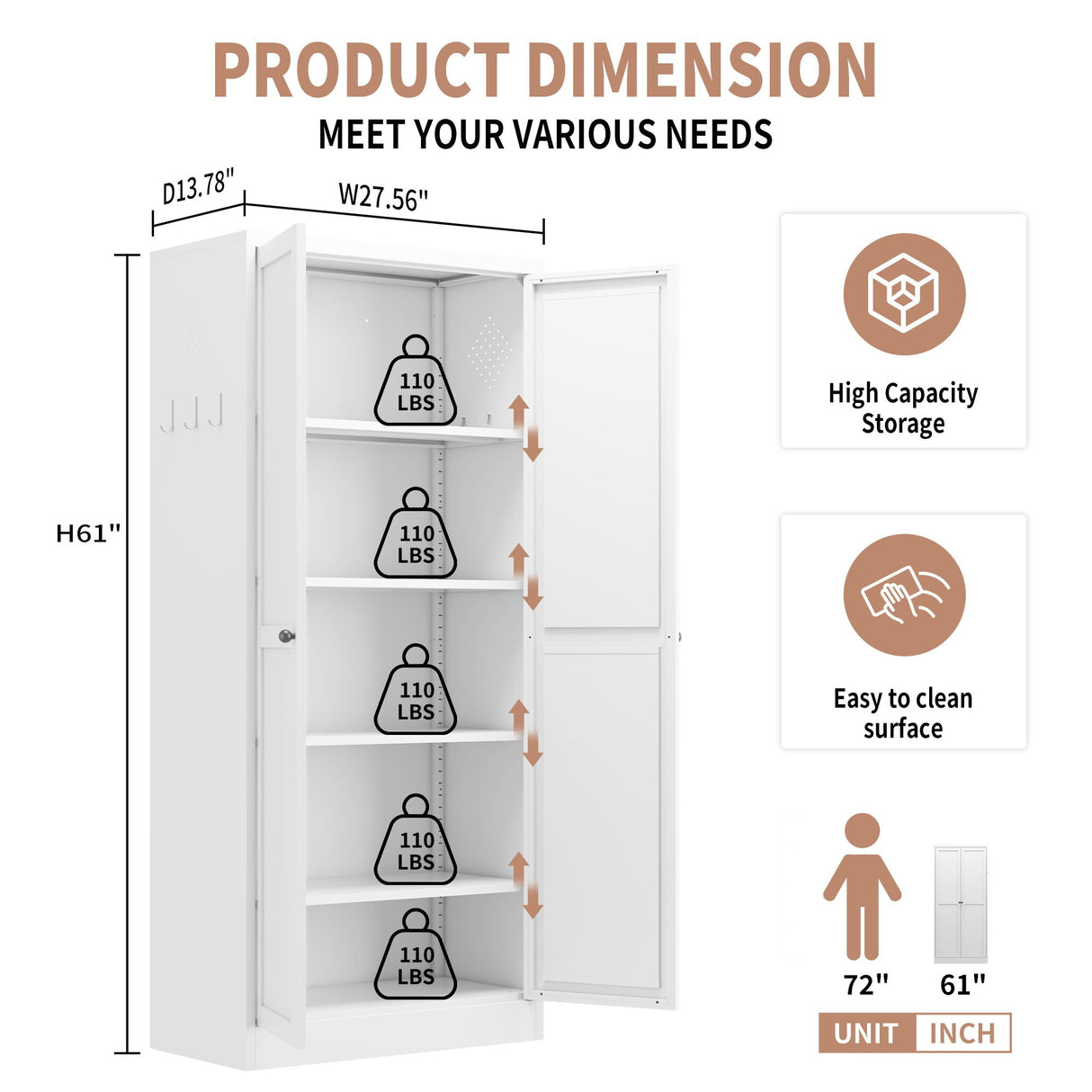 Metal Kitchen Pantry Cabinet With Adjustable Storage And 4 Heavy Duty Shelves - White