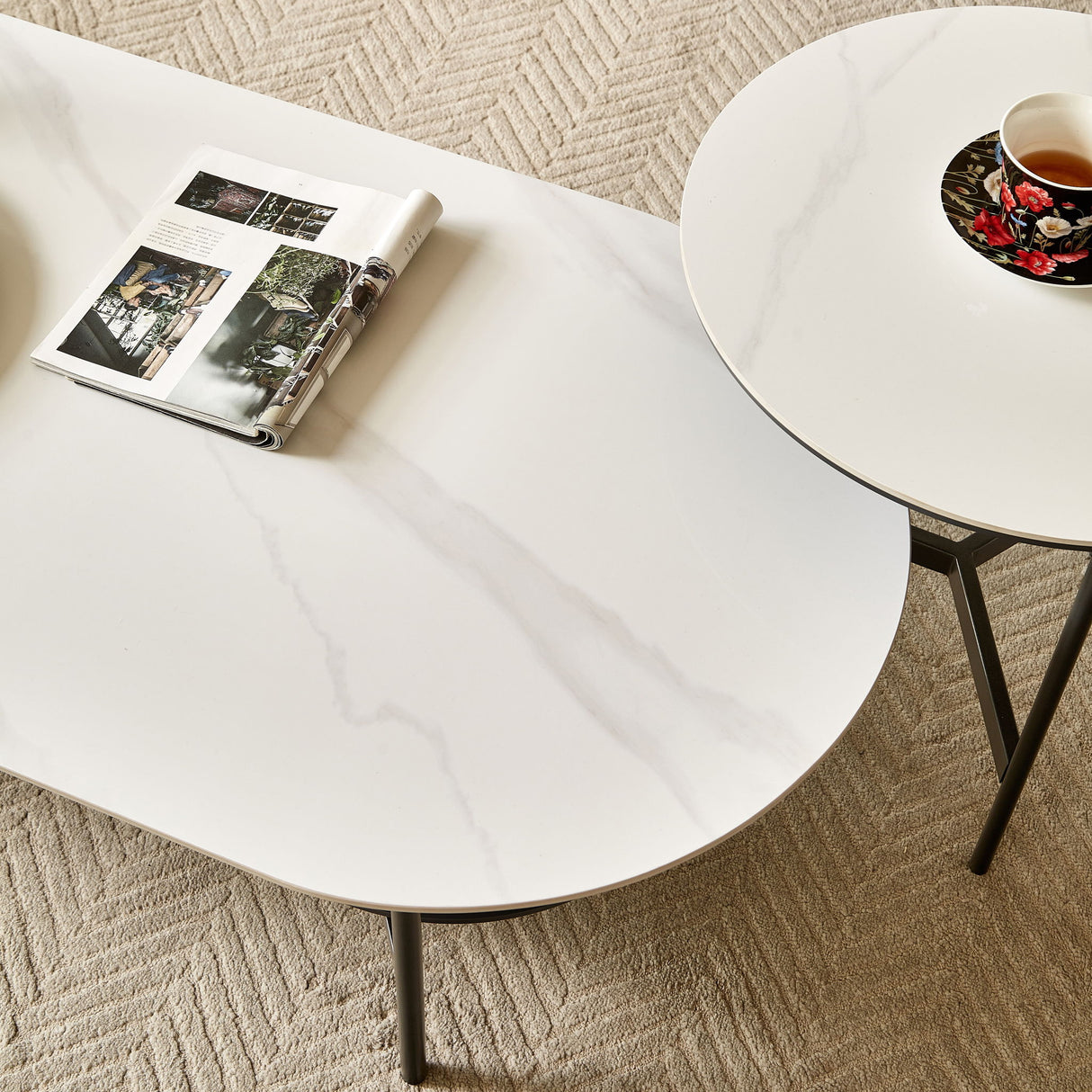 Contemporary Coffee Table Sintered Stone Surface With Ceramic Finish Double Layer Design Base Matte Shelf Modern Living Room Center Table - White / Gray