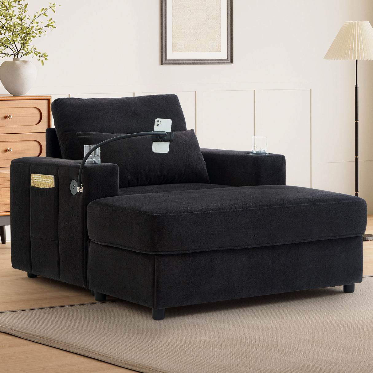 Modern Style Armchair Chaise Lounge Sofa Couch With Movable Storage Ottoman, USB Ports, Cup Holders, Phone Holder, Side Pockets