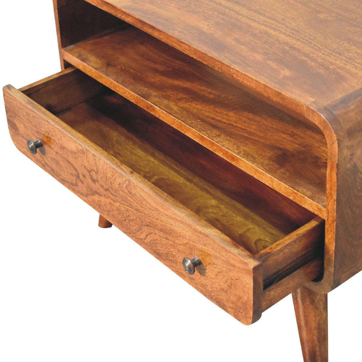 Solid Wood Mini Curved Media Unit, Chestnut, 1-Drawer, 1 Open Slot
