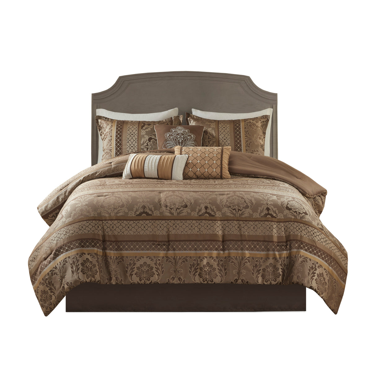 7 Piece Jacquard Comforter Set - Brown/Gold Cal King