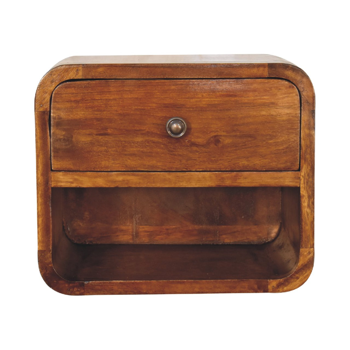 Solid Wood Mini Curve Floating Nightstand, 1-Drawer, 1 Open Slot, Chestnut