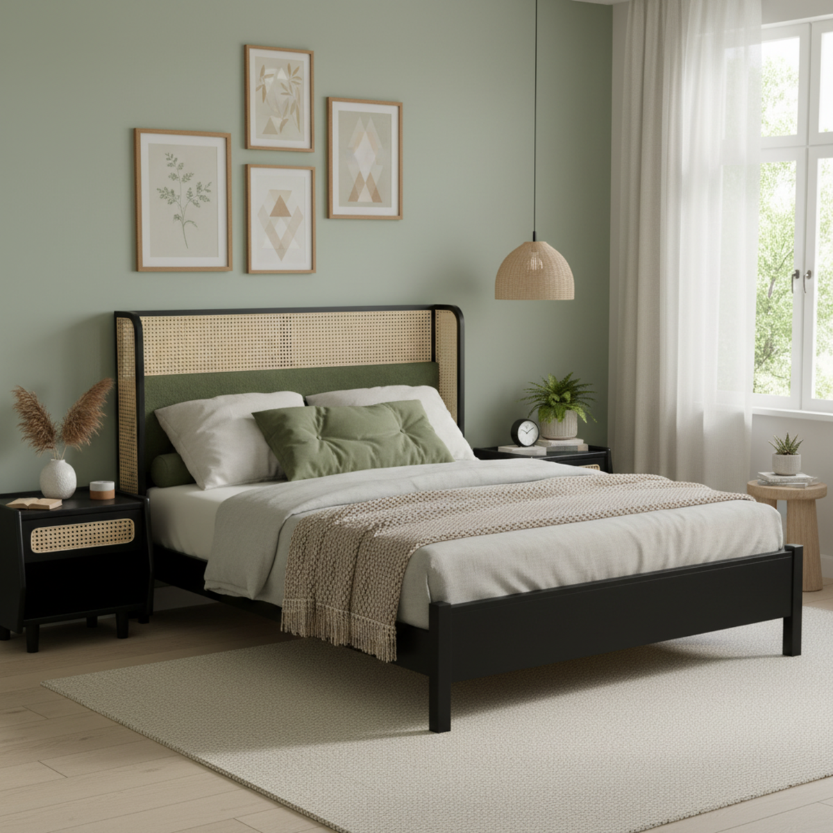 Queen Size Bed Frame with Plush Green Upholstered Headboard