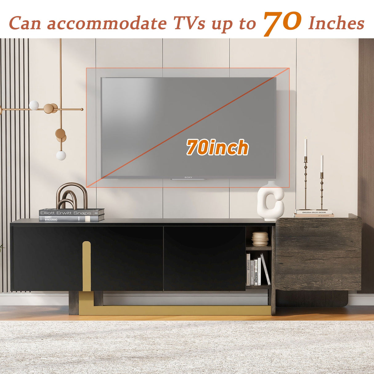 TV Stand With 1 Drawer, 2 Cabinets And Adjustable Shelves