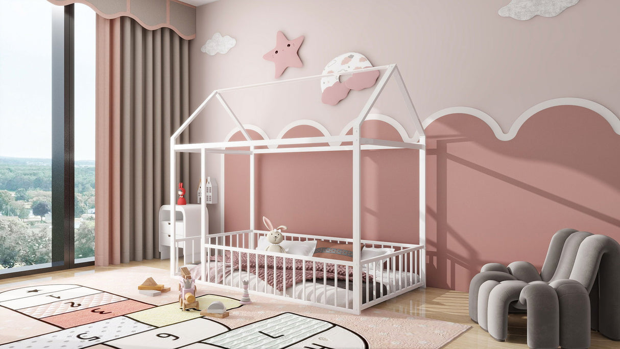 Metal Bed House Bed Frame With Fence