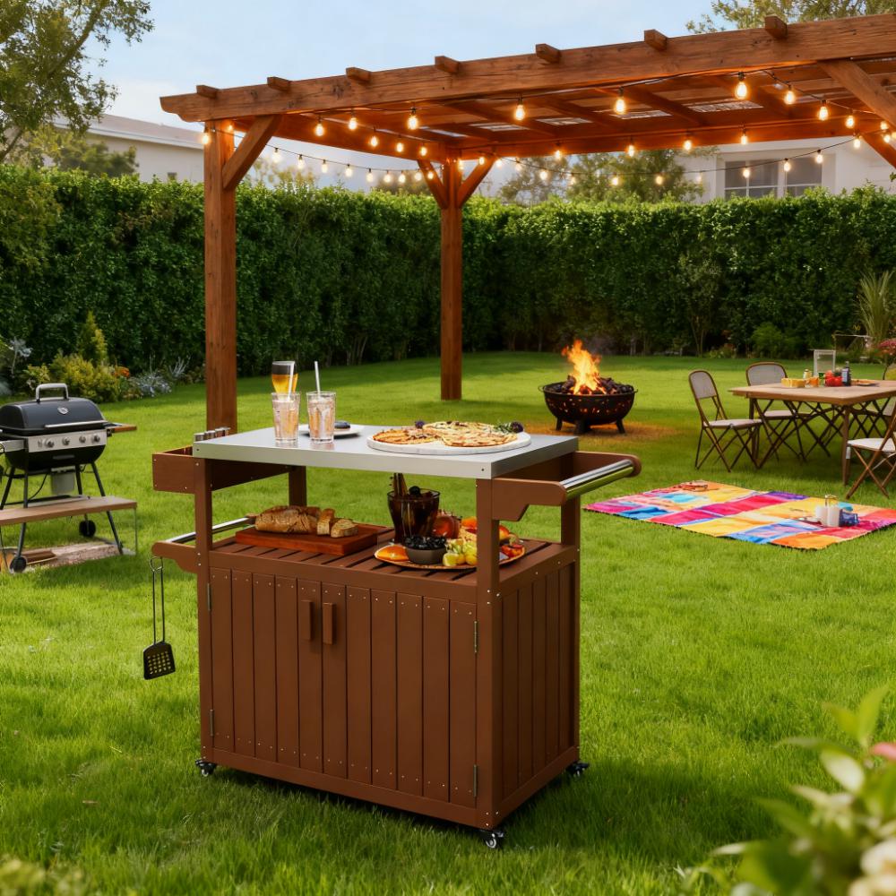 Easy to Move Outdoor Table Top Bar Cart with Storage and Wheels