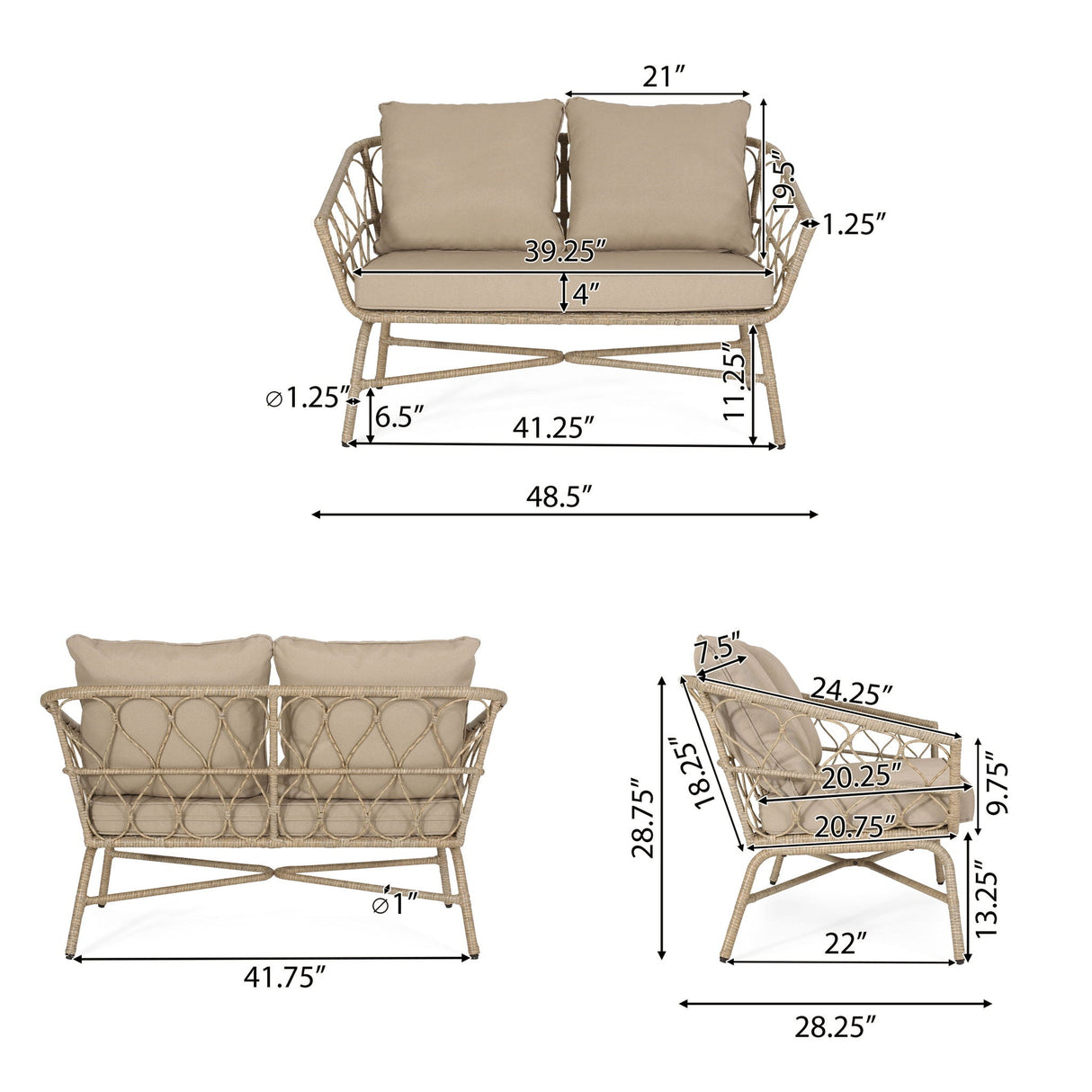 Bruce - Boho Inspired 4 Pieces Chat Set With Water Resistant Cushions - Brown