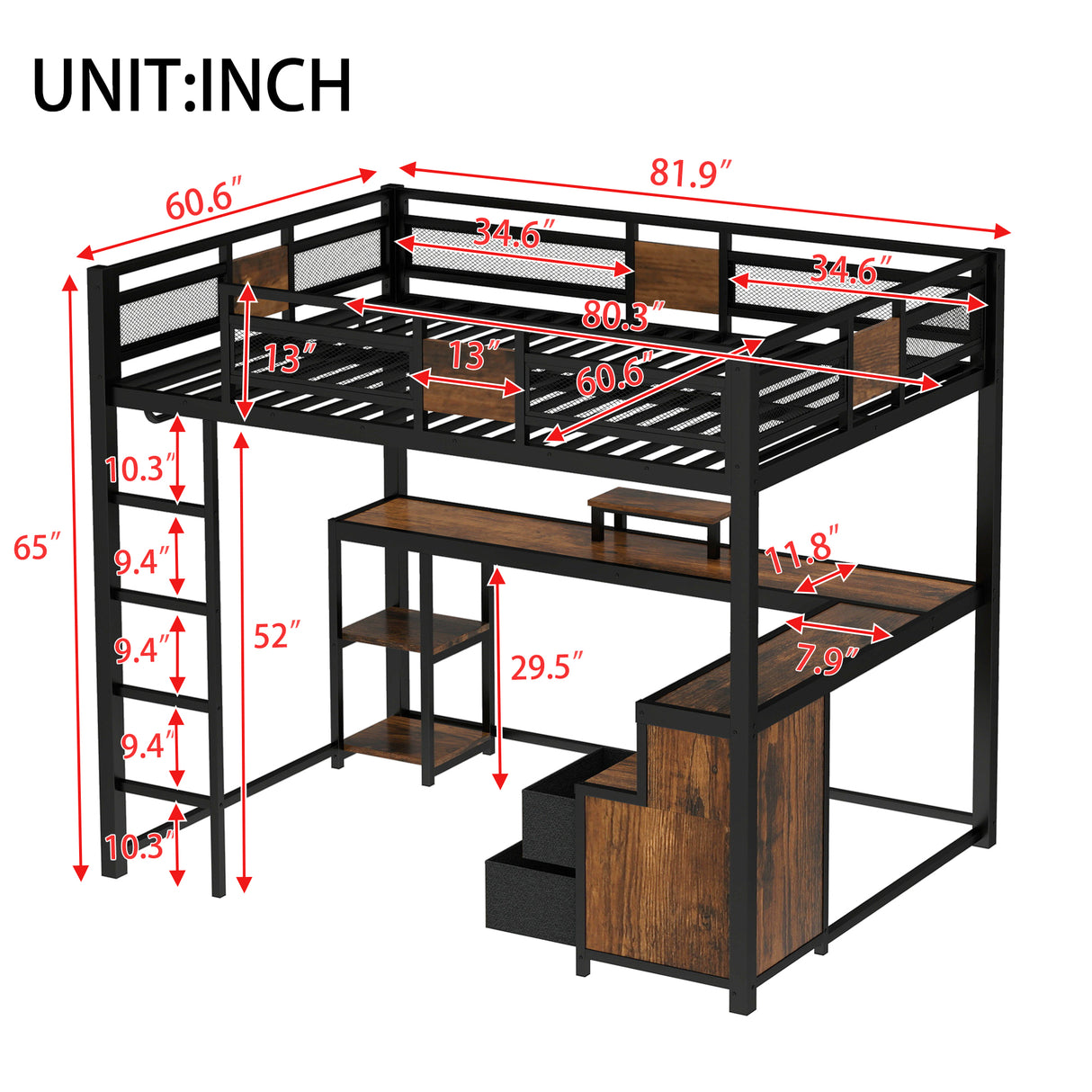 Queen Loft Bed with Desk and Storage