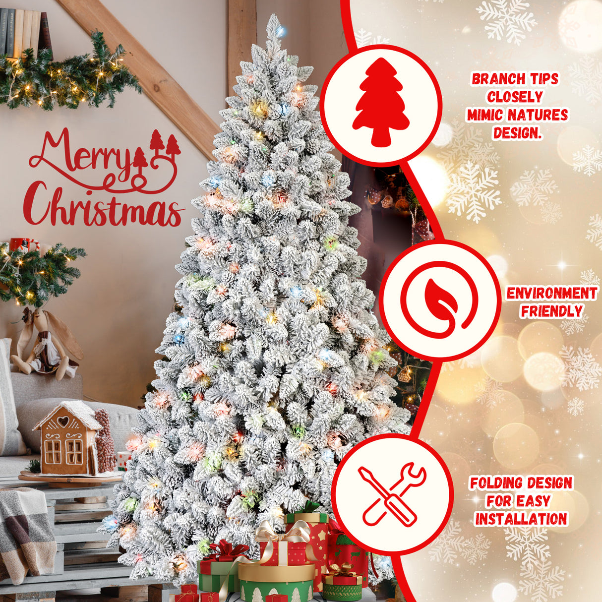 6FT Flocked Christmas Tree with 350 Colorful UL Lights