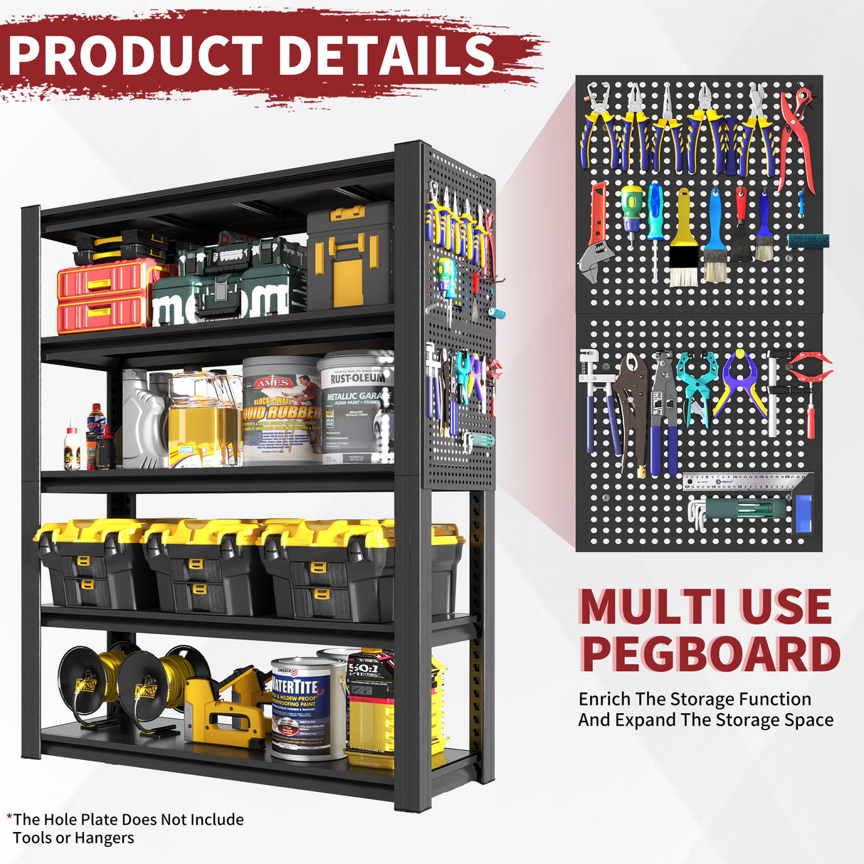 Industrial 5-Tier Adjustable Shelving Unit With Pegboard Heavy-Duty Storage
