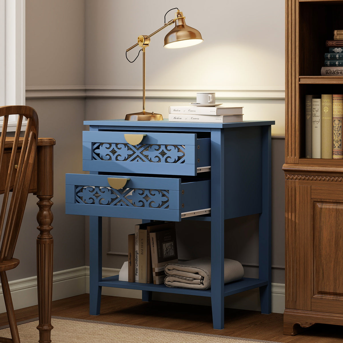 Dusty Blue 2-Drawer Nightstand with Carved Lattice Fronts, Gold Pulls