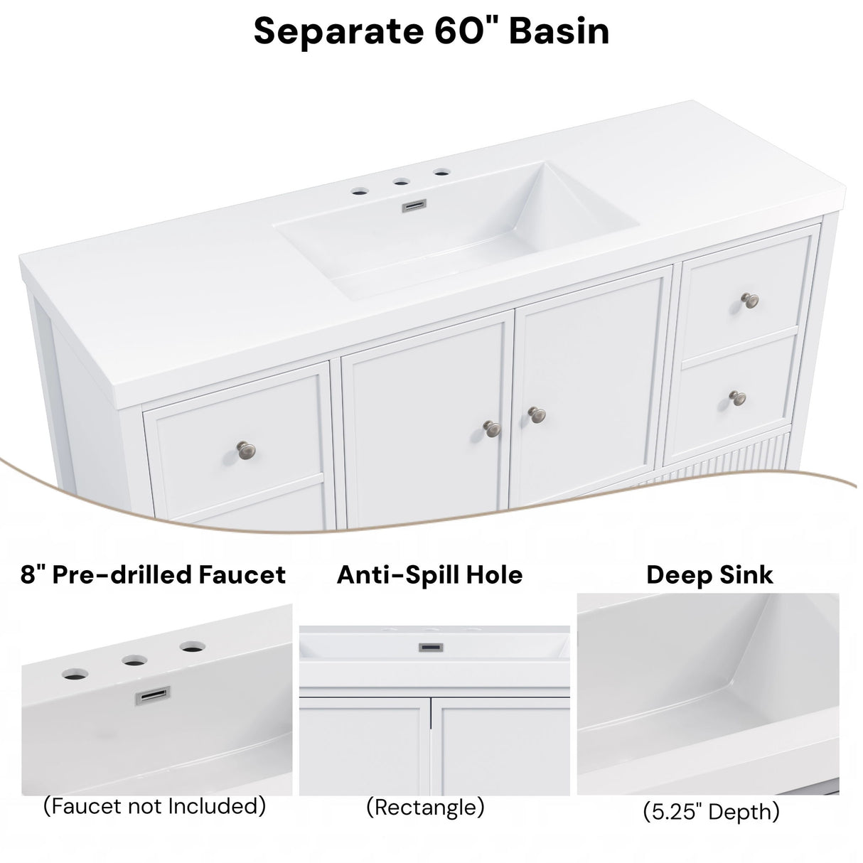 Bathroom Vanity With Separate Sink, Soft Close Doors And 4 Drawers