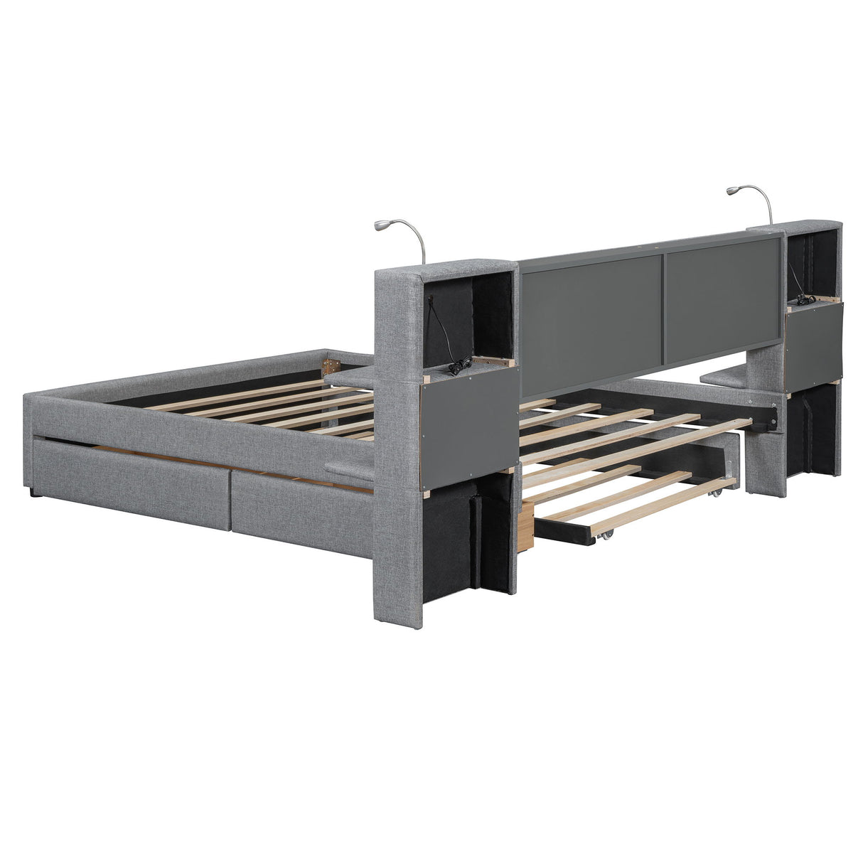 Upholstered Platform Bed With Reading Lights, Drawers, Trundle And Shelves