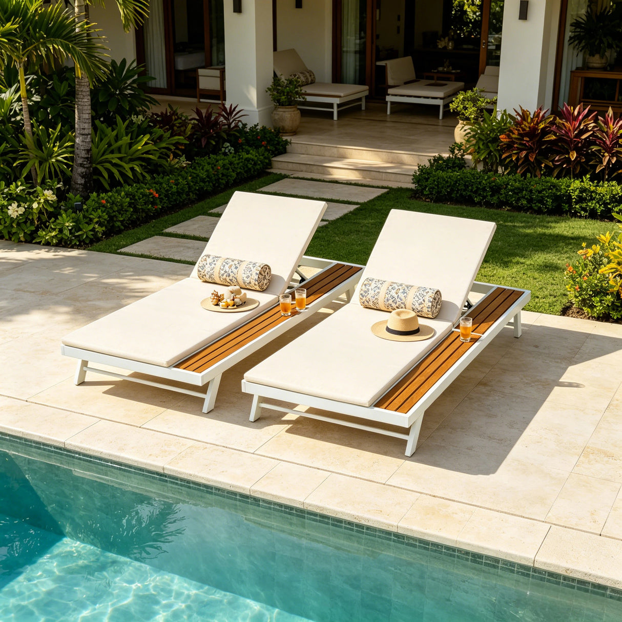 White Iron + Teak Finish Outdoor Chaise Lounge Set