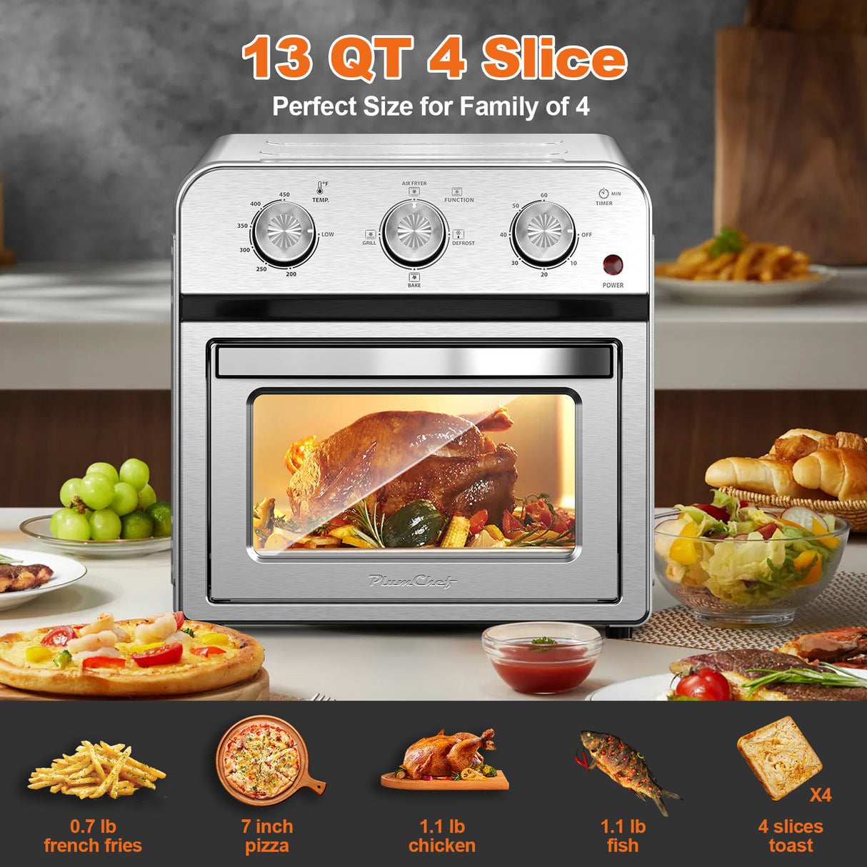 Family Size Air Fryer Toaster Oven Combo, 13QT, Stainless Steel
