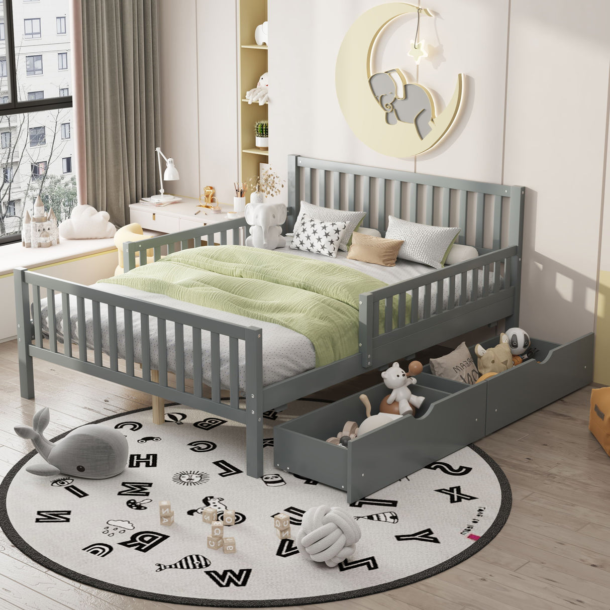 Platform Bed With Guardrails On Both Sides And 2 Storage Drawers