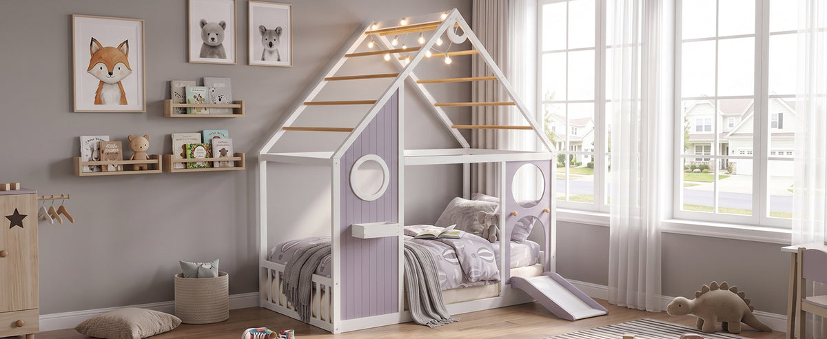 Twin House Bed with Slide and Light Strip