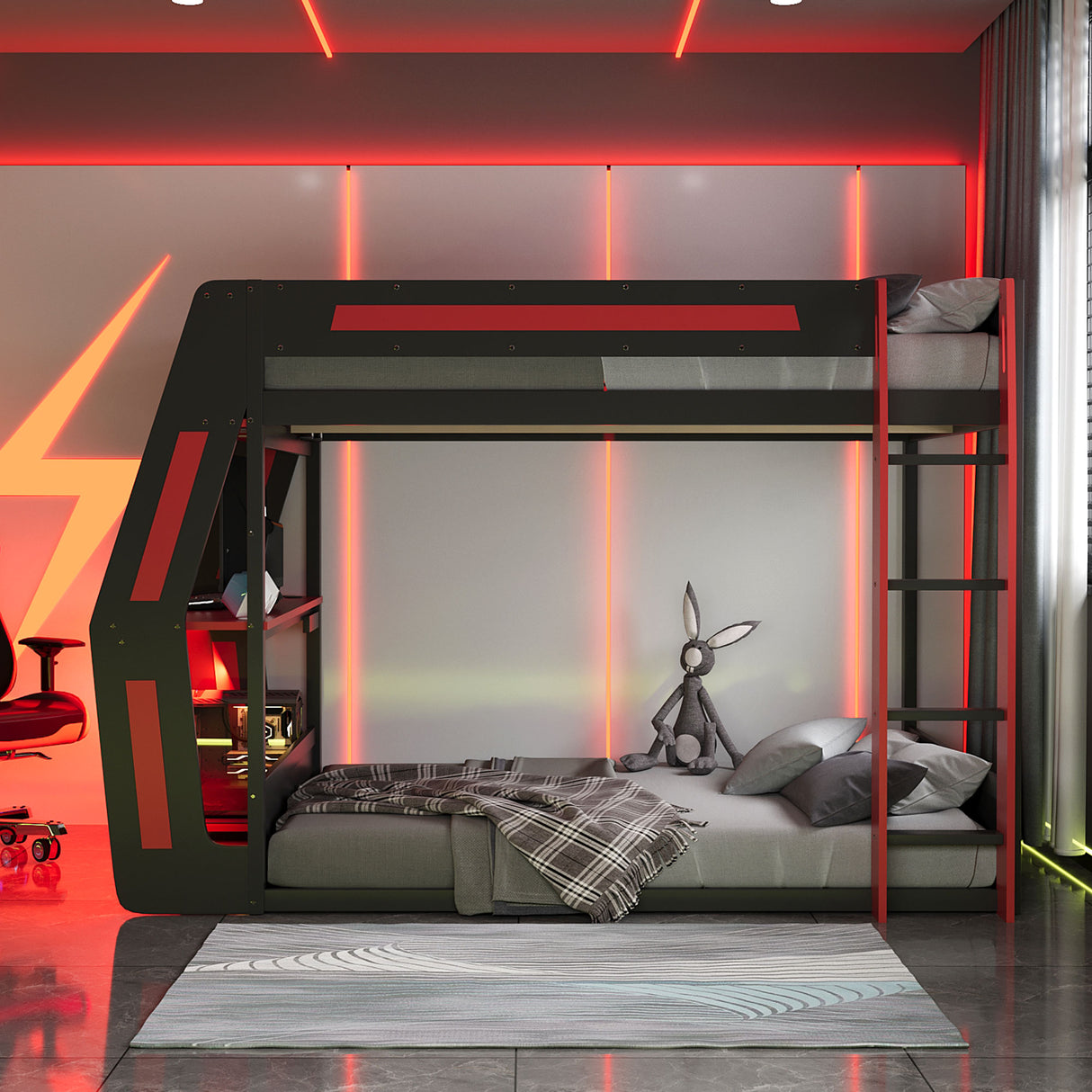 Full-Size Gaming Bunk Bed with Side-Mounted Oversized RGB Desk