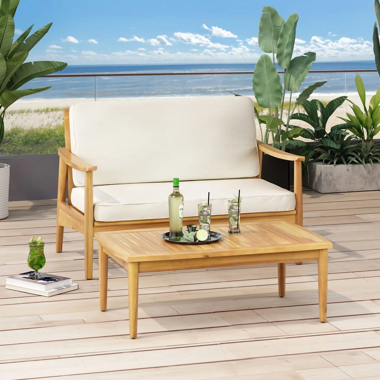 Outdoor Acacia Wood Loveseat Set With Coffee Table - Best Buy Furniture